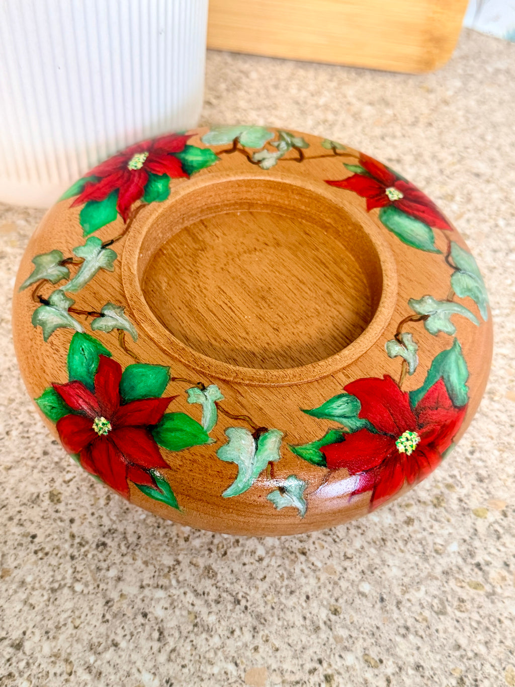Poinsettia and ivy hand turned wooden bowl