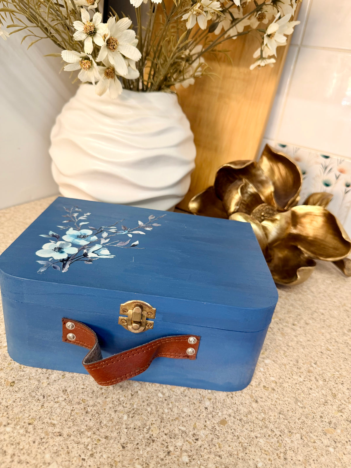 Hand painted blue floral storage box