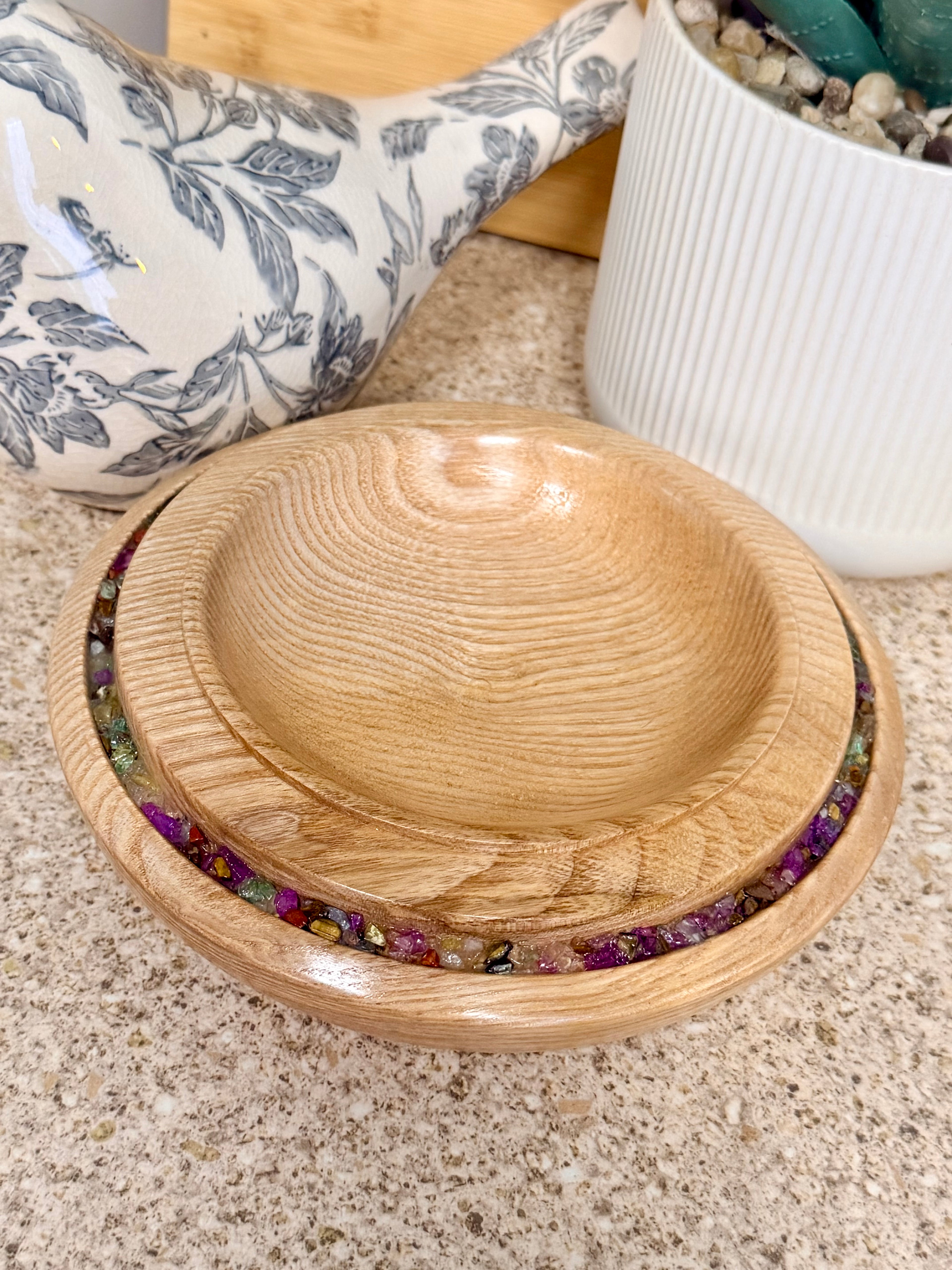 Hand turned ash wooden bowl with mixed genuine gemstones