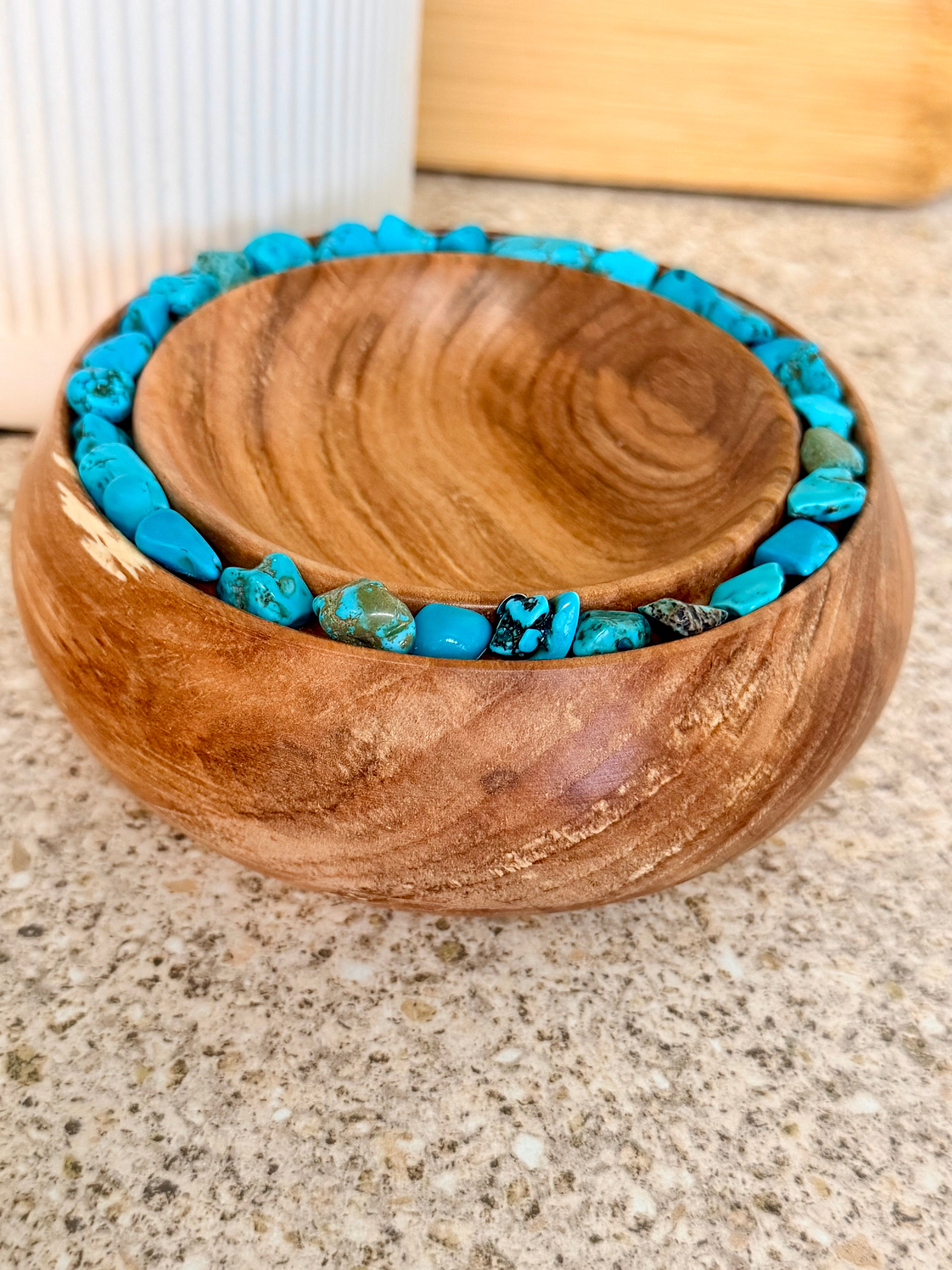 Hand turned wooden bowl with turquoise crystals