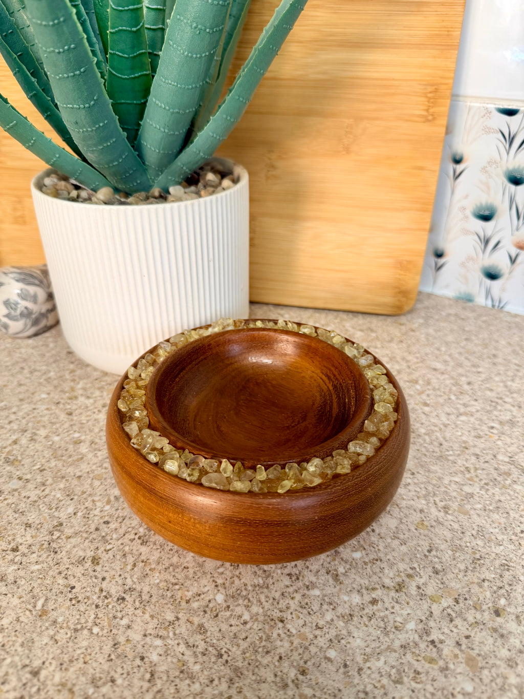 Hand turned wooden bowl with Citrine crystals