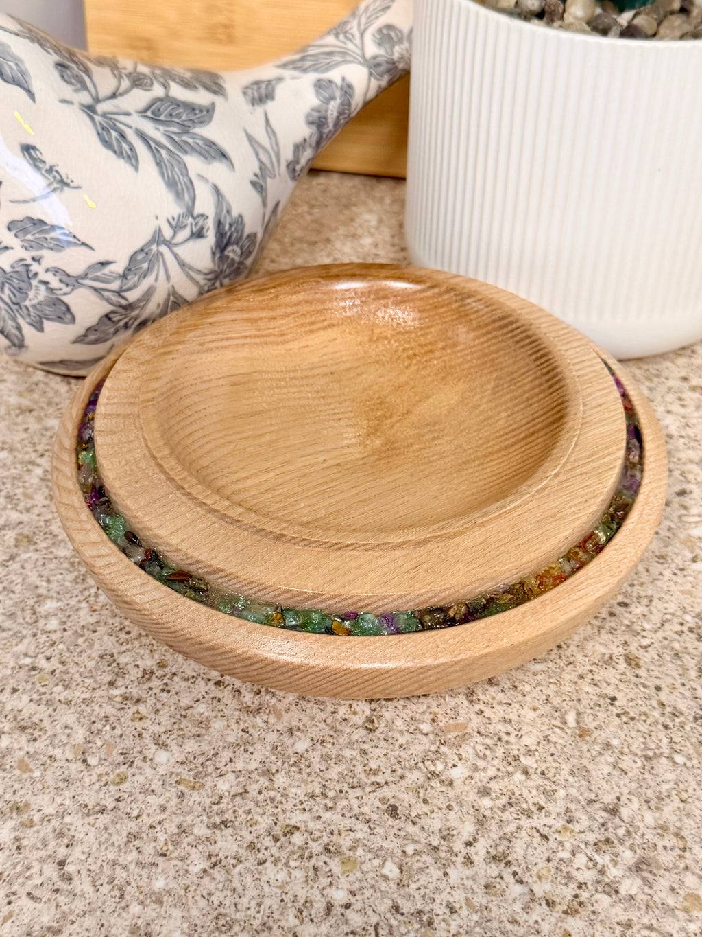 Hand turned ash wooden bowl with mixed genuine gemstones