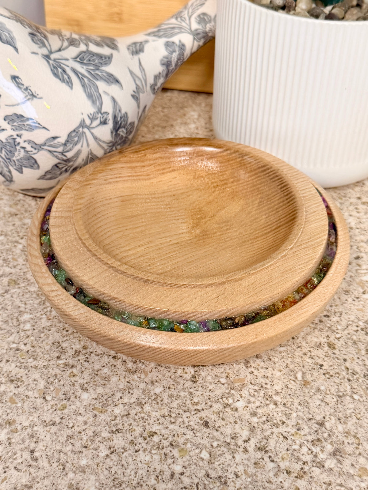 Hand turned ash wooden bowl with mixed genuine gemstones