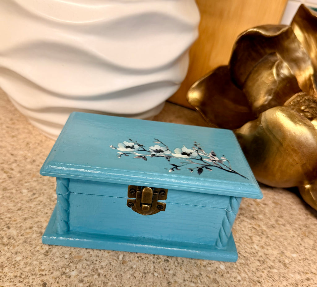 Hand painted blue floral trinket box