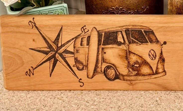 Woodburnt campervan compass serving/chopping board