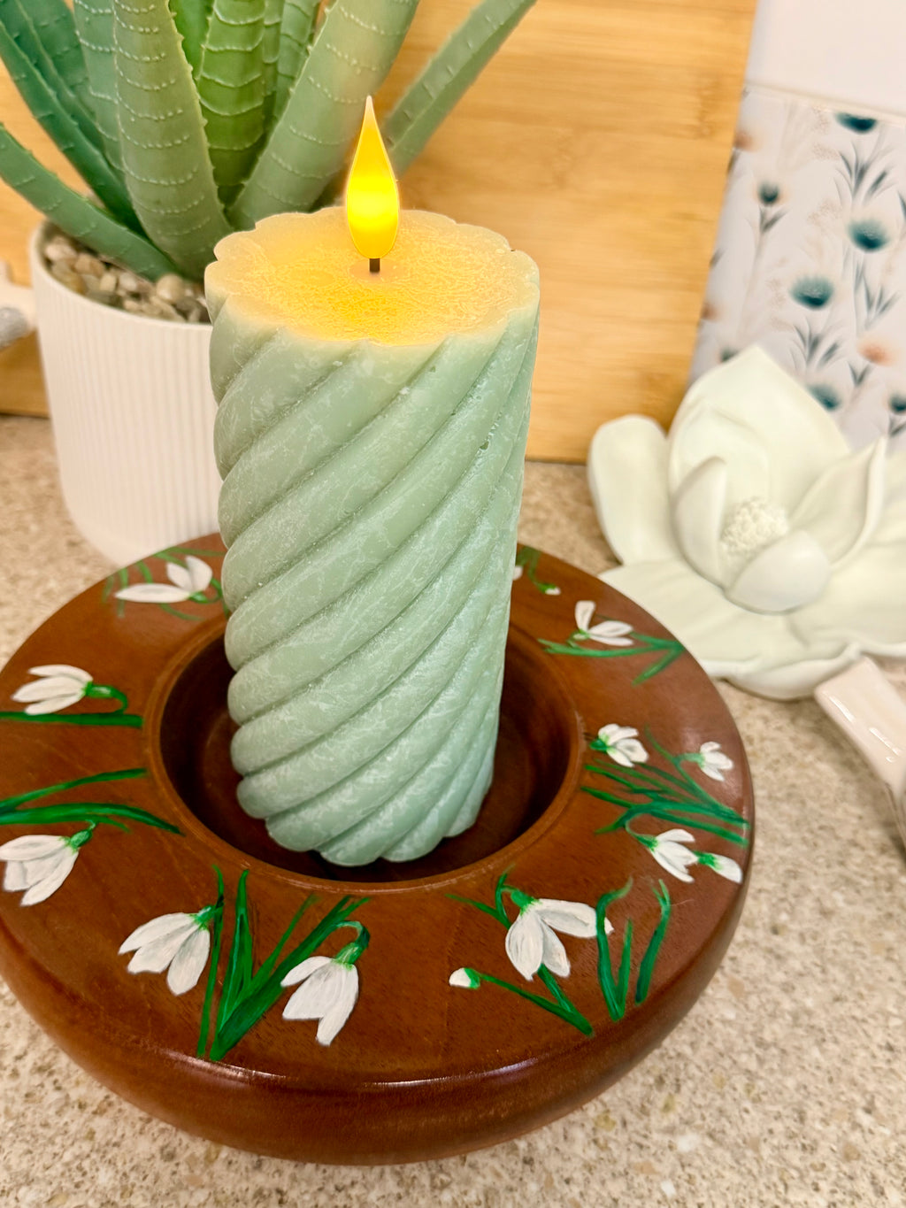 Hand turned sapelle wooden bowl with hand painted snowdrops