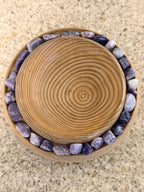 Hand turned ash wooden bowl with lepidolite stones