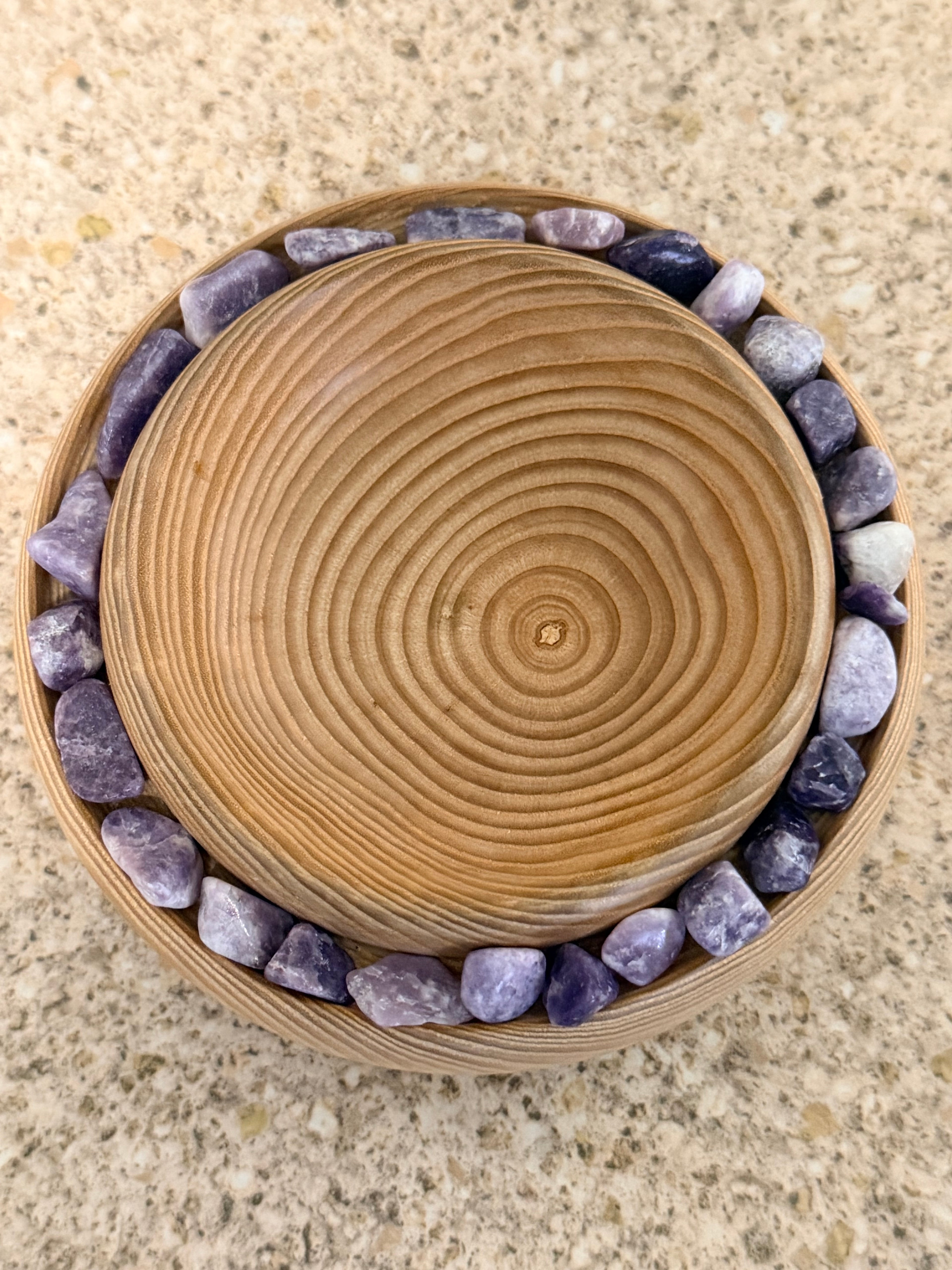 Hand turned ash wooden bowl with lepidolite stones