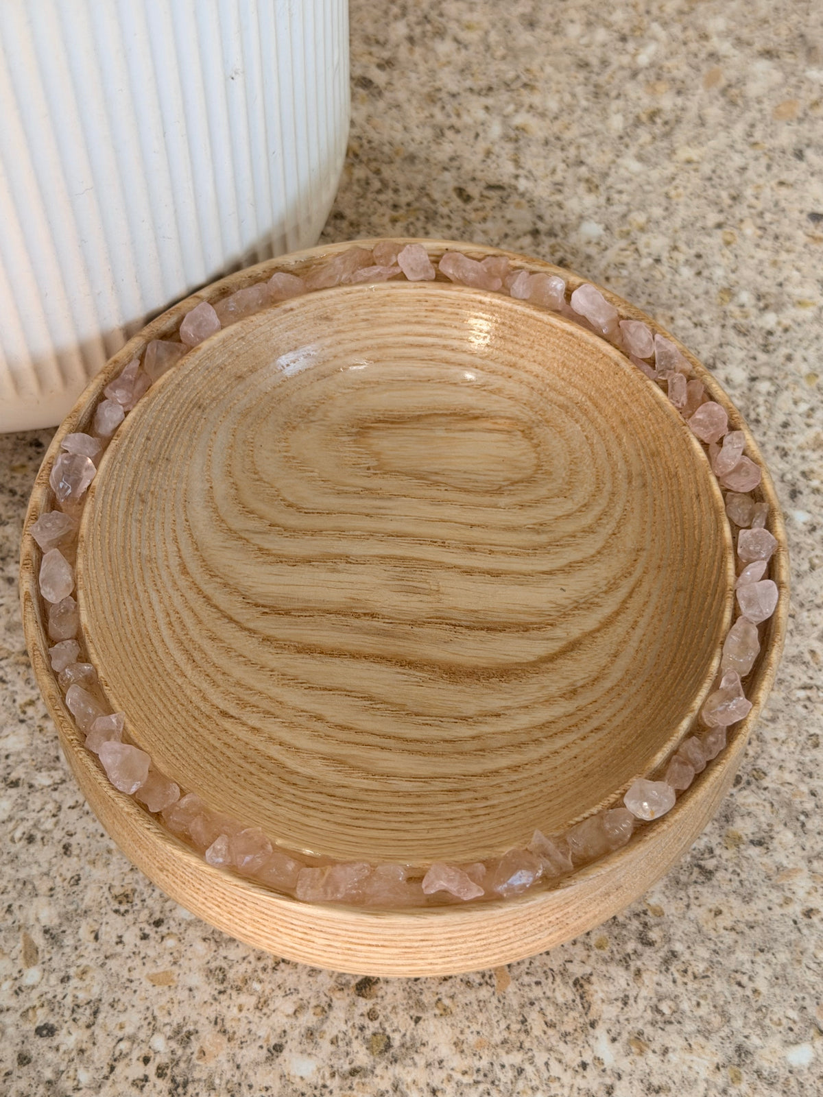 Hand turned pine wooden bowl with rose quartz crystals