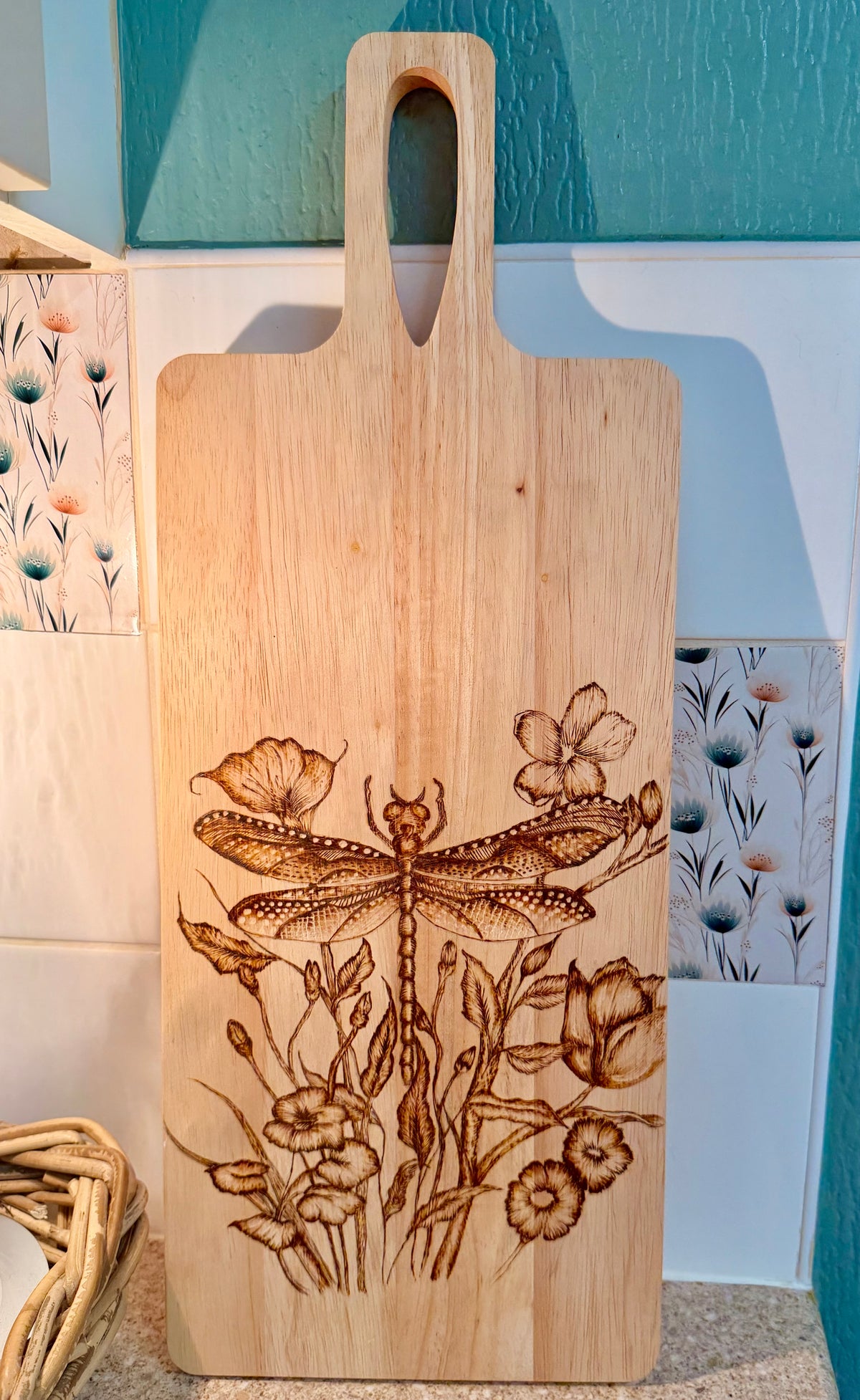 Woodburnt Dragonfly chopping board