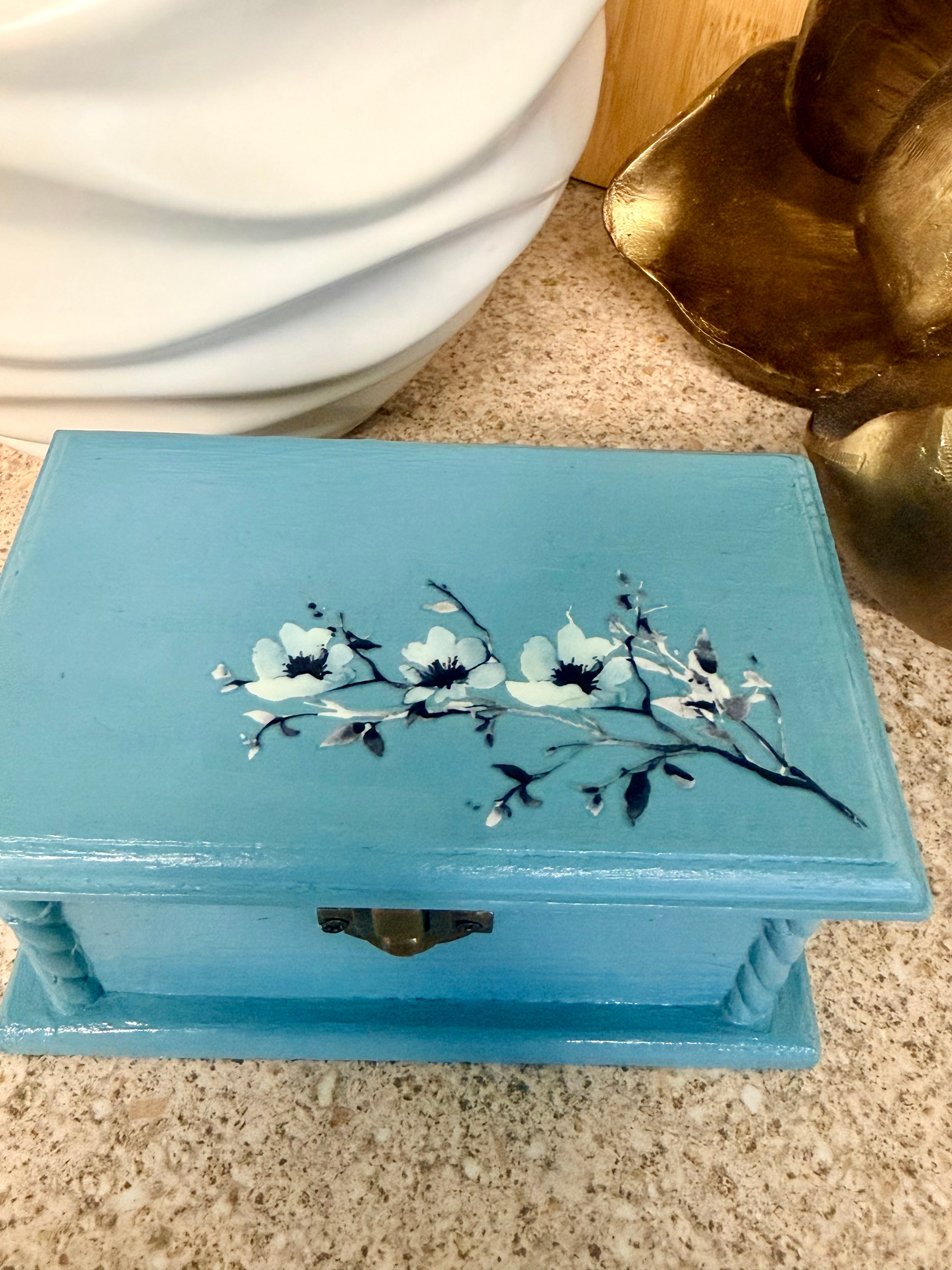 Hand painted blue floral trinket box