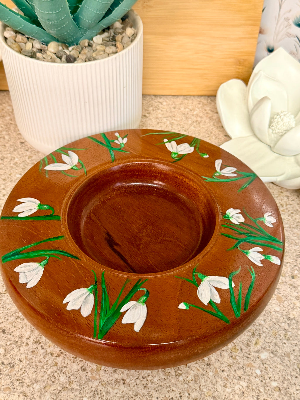 Hand turned sapelle wooden bowl with hand painted snowdrops