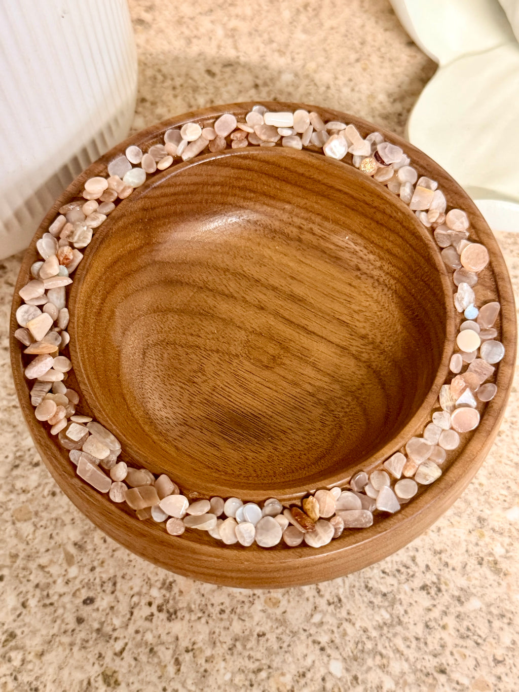 Hand turned American walnut bowl with moonstone crystals