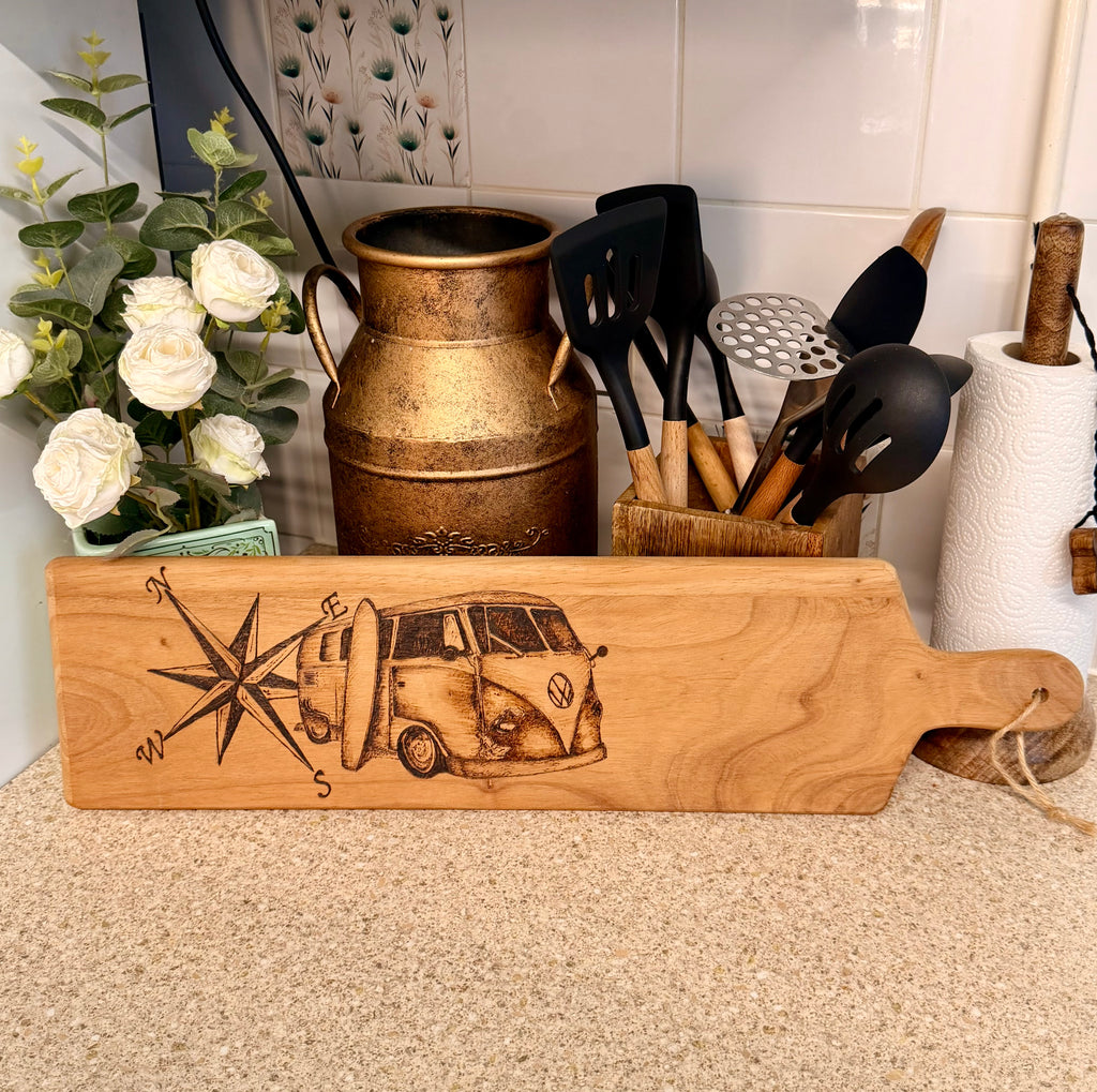 Woodburnt campervan compass serving/chopping board