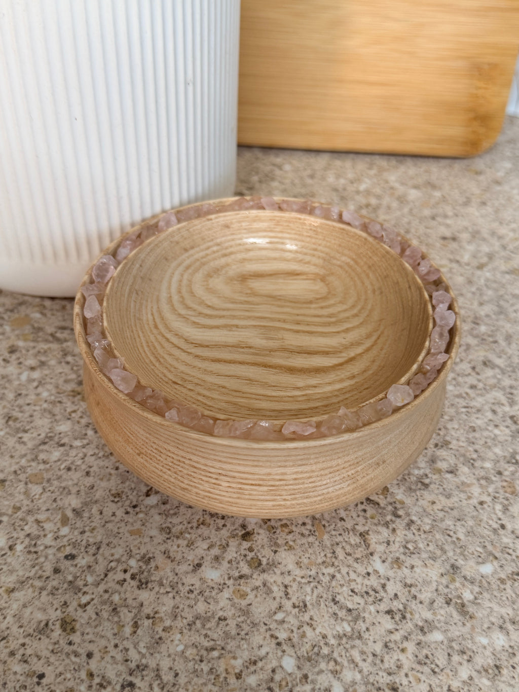 Hand turned pine wooden bowl with rose quartz crystals
