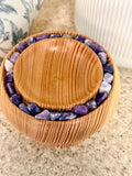 Hand turned silver fir wooden bowl with lepidolite stones