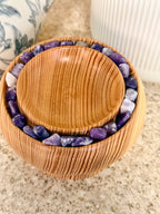 Hand turned silver fir wooden bowl with lepidolite stones