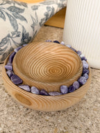 Hand turned ash wooden bowl with lepidolite stones