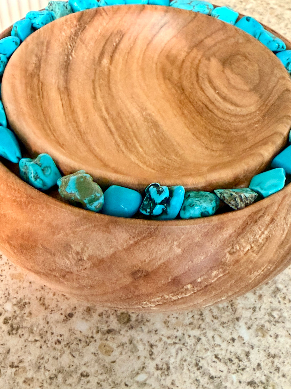 Hand turned wooden bowl with turquoise crystals