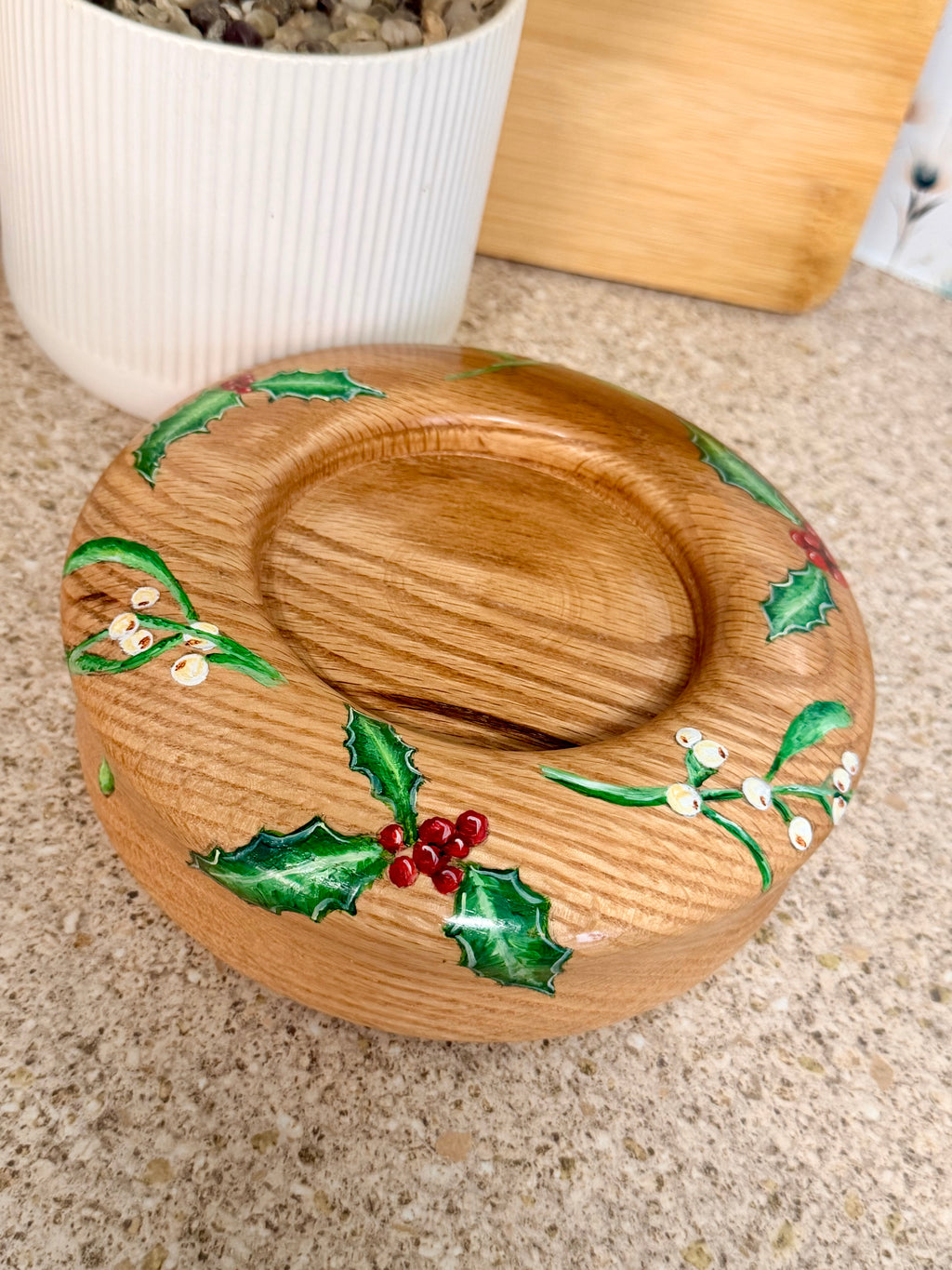 Holly & Mistletoe hand wood turned oak bowl