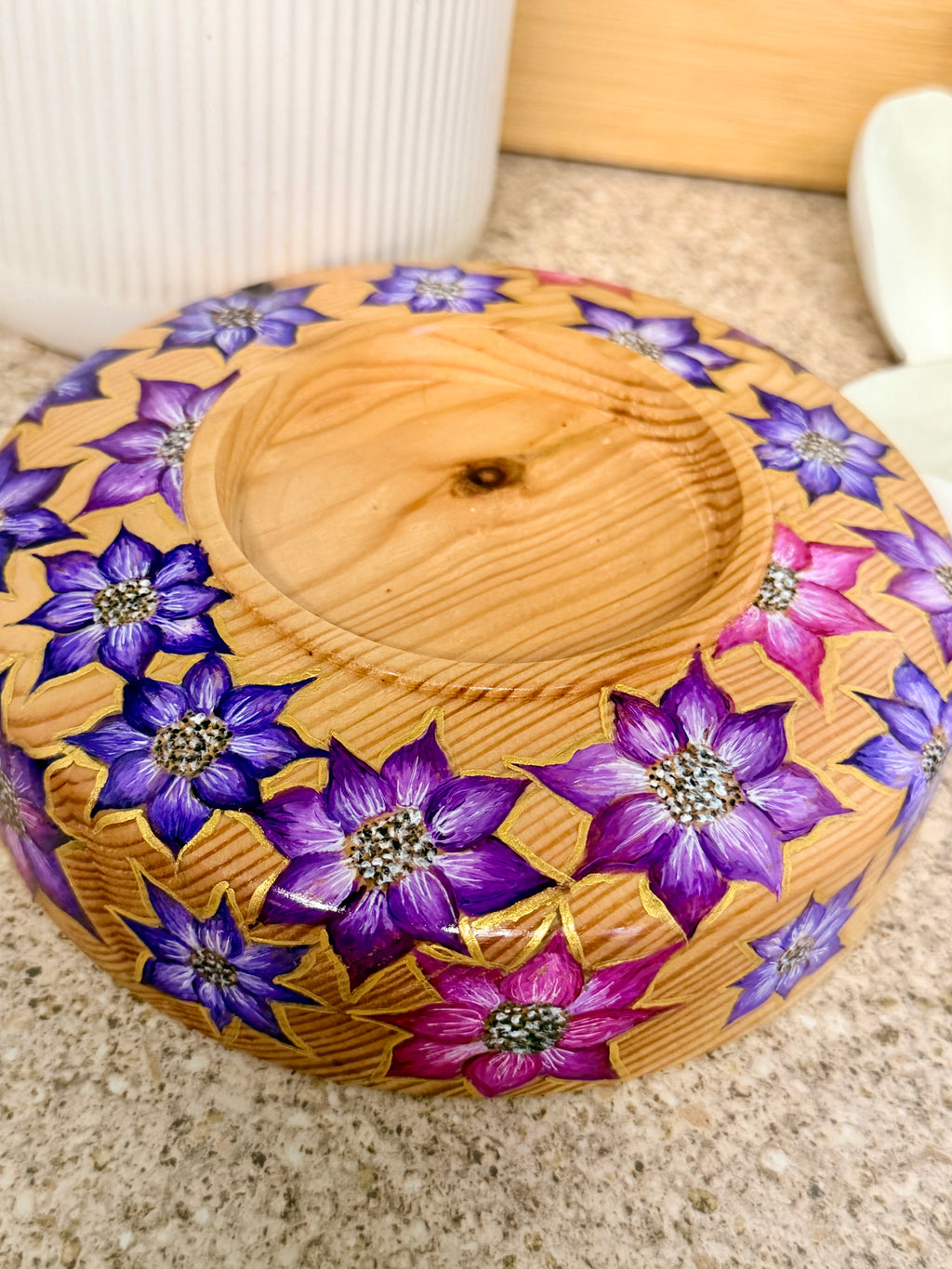 Hand turned pine wooden bowl with hand painted flowers