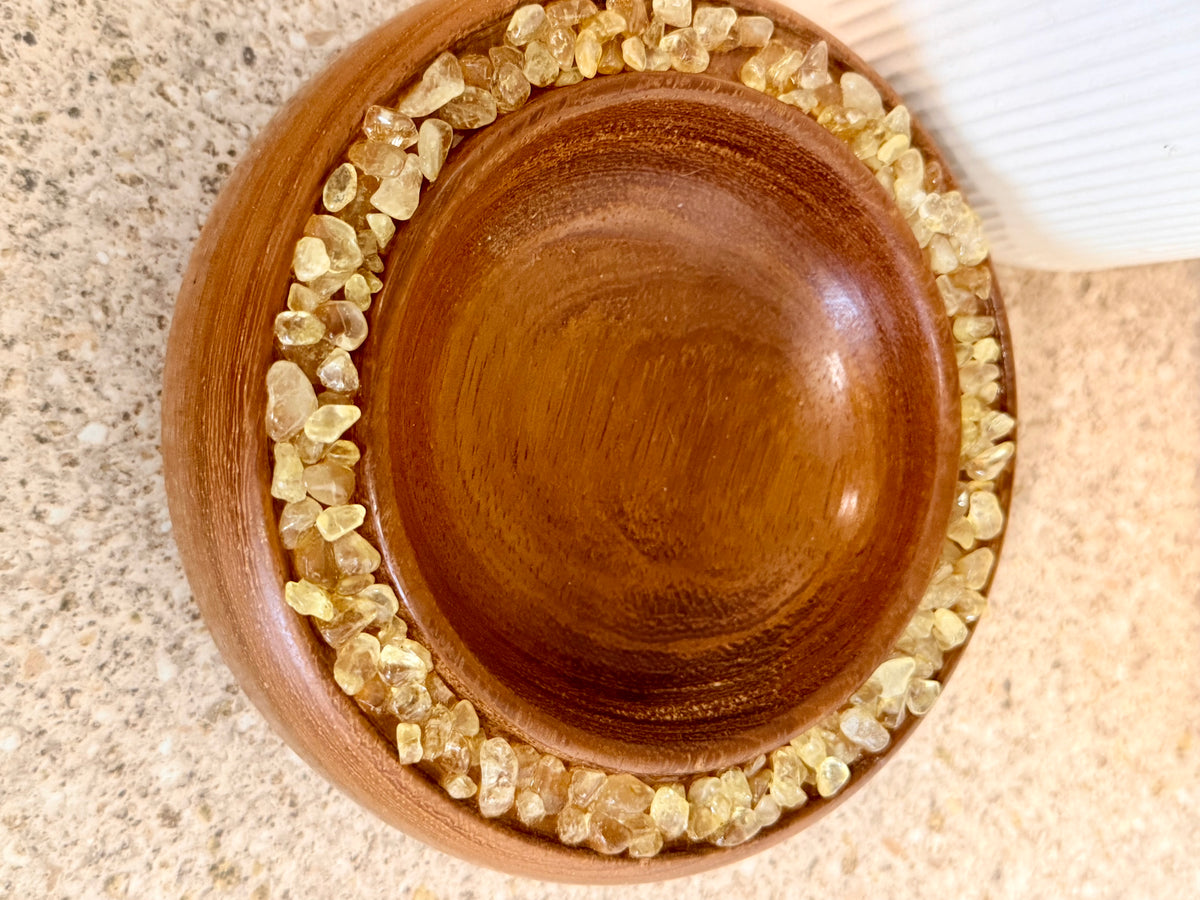 Hand turned wooden bowl with Citrine crystals