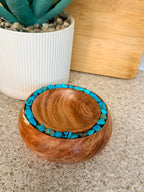Hand turned wooden bowl with turquoise crystals