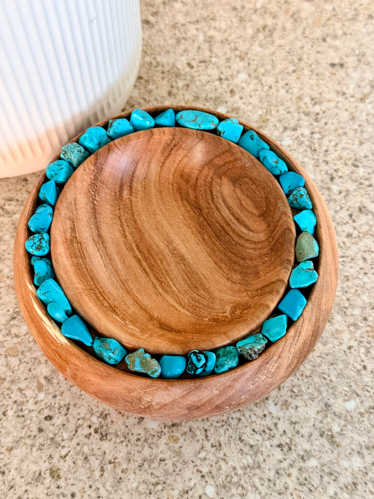 Hand turned wooden bowl with turquoise crystals
