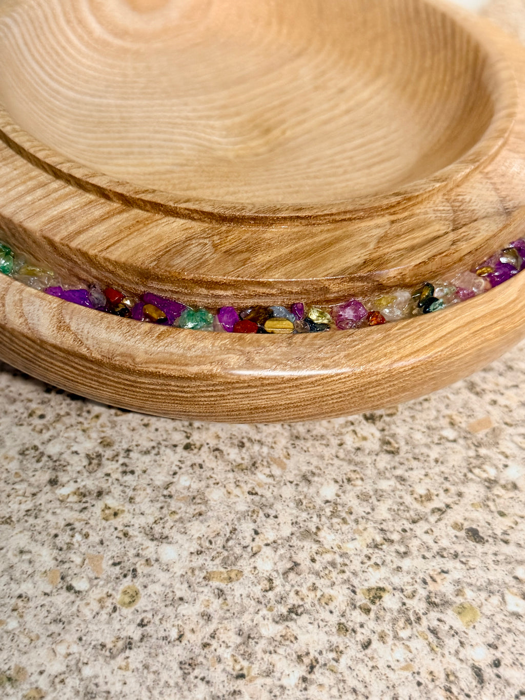 Hand turned ash wooden bowl with mixed genuine gemstones