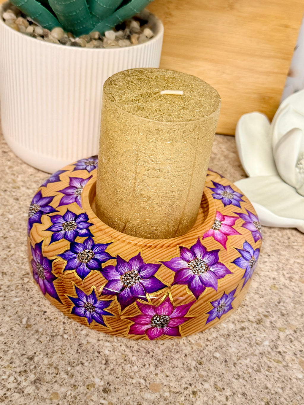 Hand turned pine wooden bowl with hand painted flowers