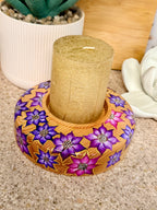 Hand turned pine wooden bowl with hand painted flowers