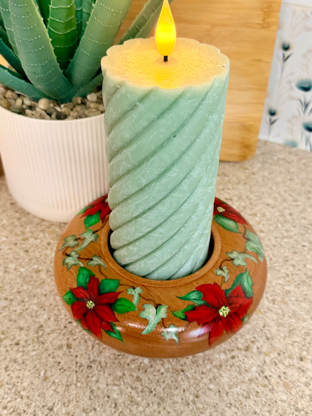 Poinsettia and ivy hand turned wooden bowl