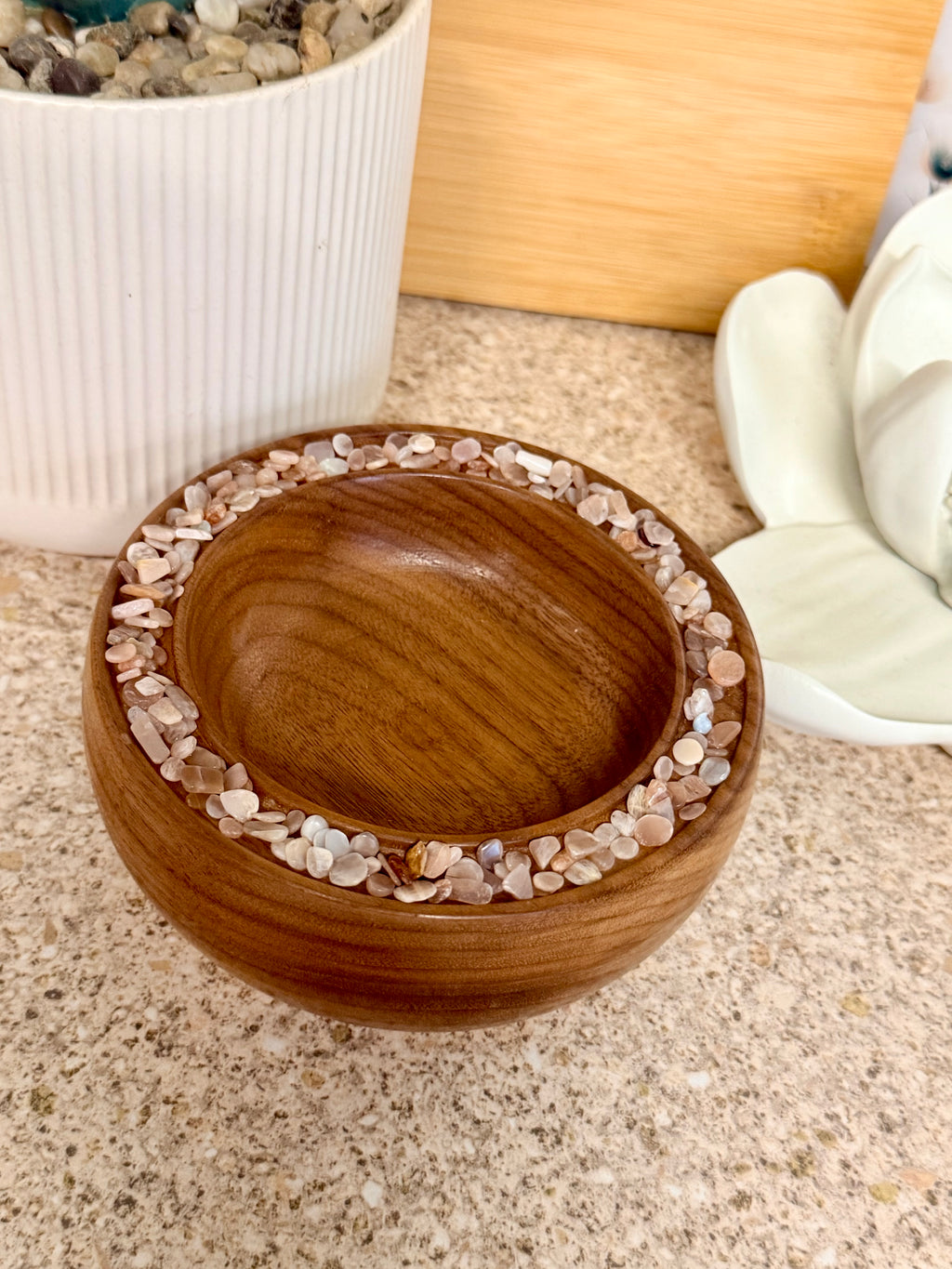 Hand turned American walnut bowl with moonstone crystals