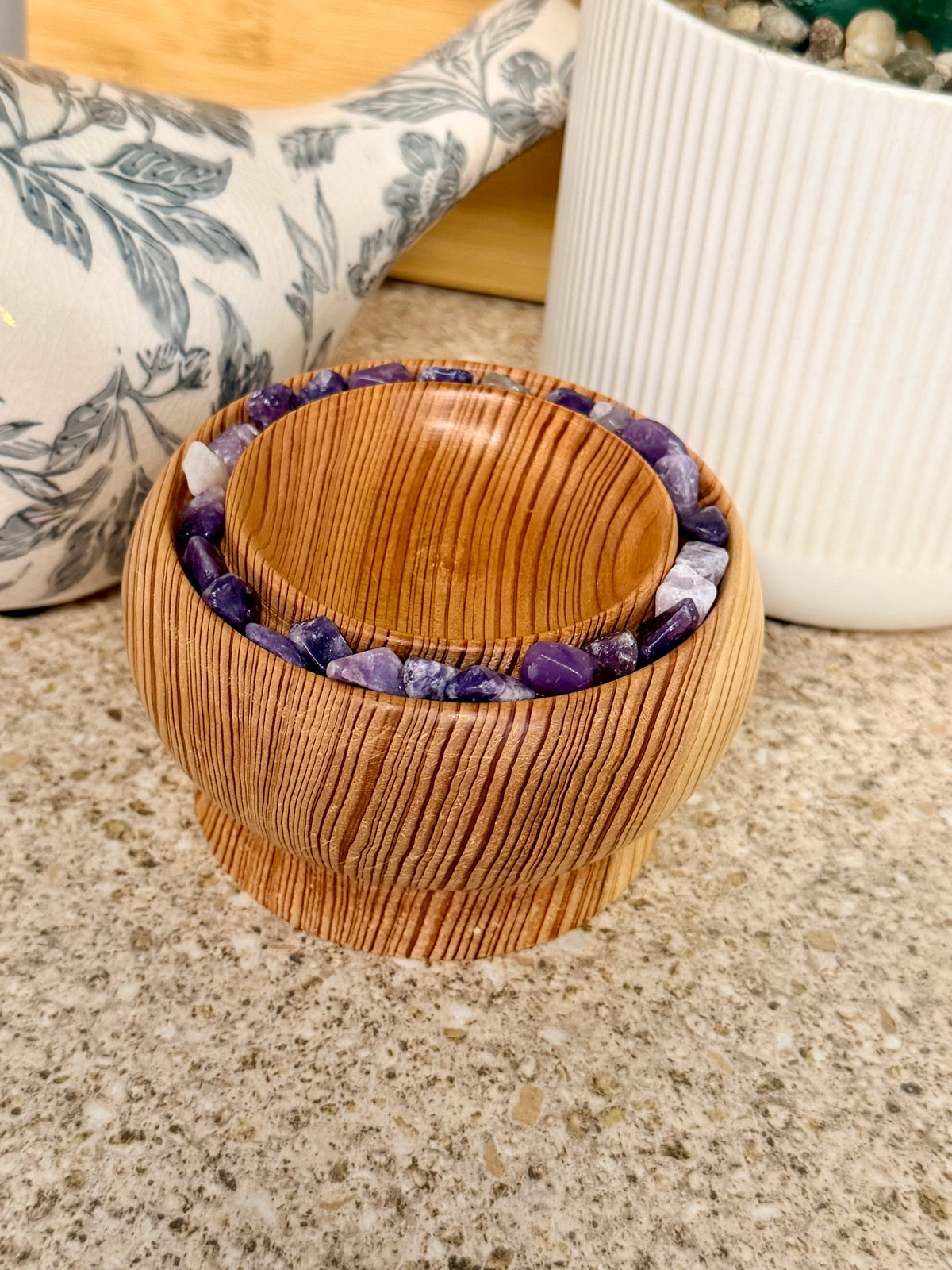 Hand turned silver fir wooden bowl with lepidolite stones