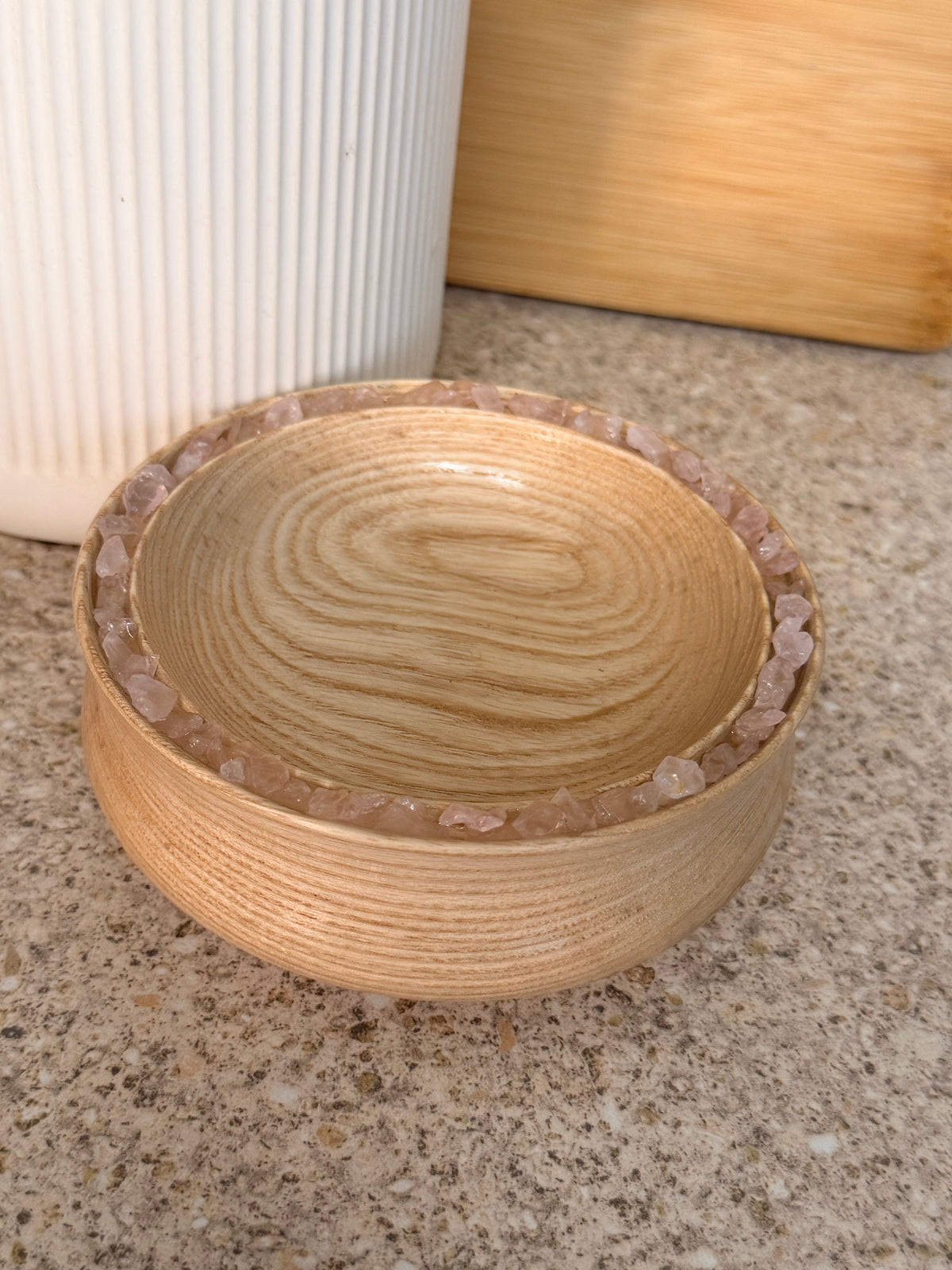 Hand turned pine wooden bowl with rose quartz crystals