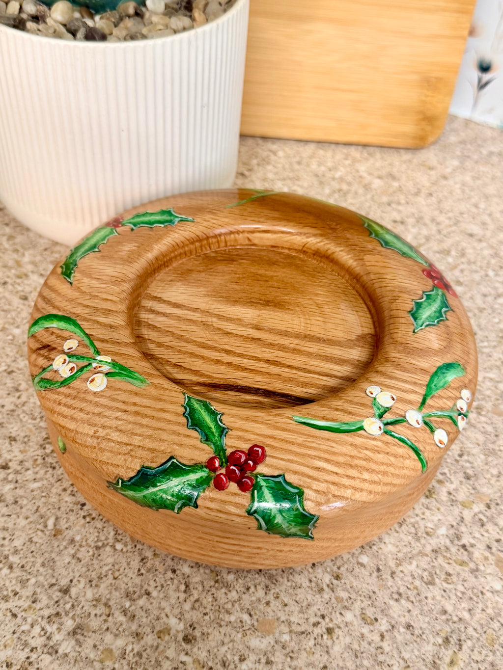 Holly & Mistletoe hand wood turned oak bowl